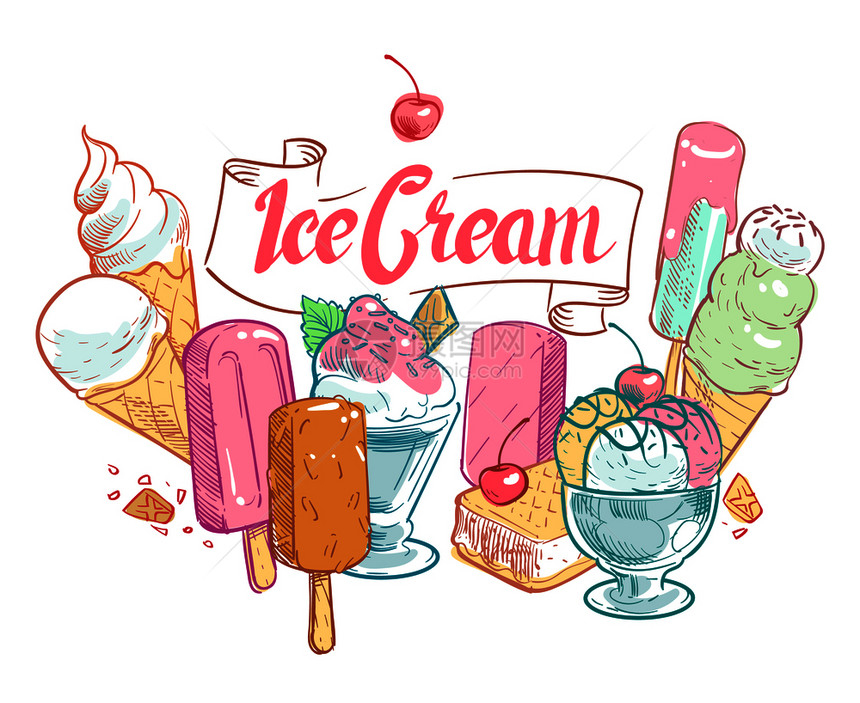 夏季冰淇淋图附有水果樱桃插图海报图片