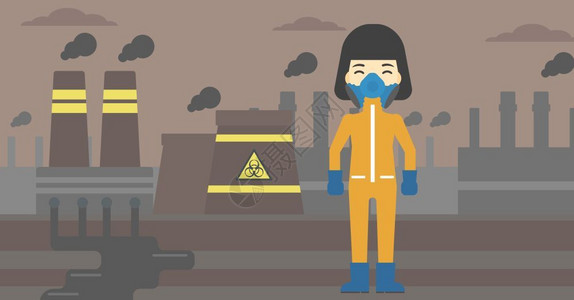 污染面具身穿防毒面具和辐射护服的女人插画