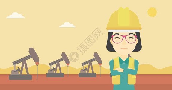 工作头盔亚洲女石油工人矢量插图背景插画