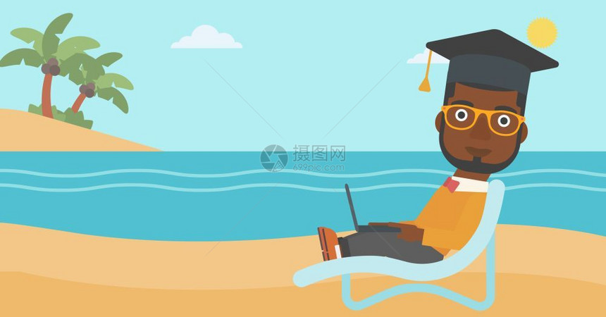 戴毕业帽子的美国人在海滩上图片