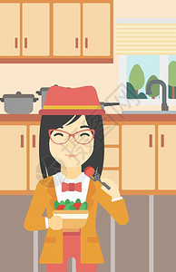 厨房沙拉吃健康蔬菜沙拉的亚洲妇女插画