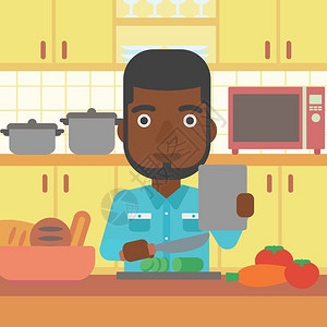 工作台面在厨房做蔬菜沙拉的男人插画