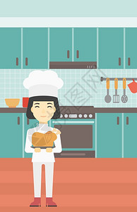 在厨房里拿着烤鸡的女厨师矢量插画图片