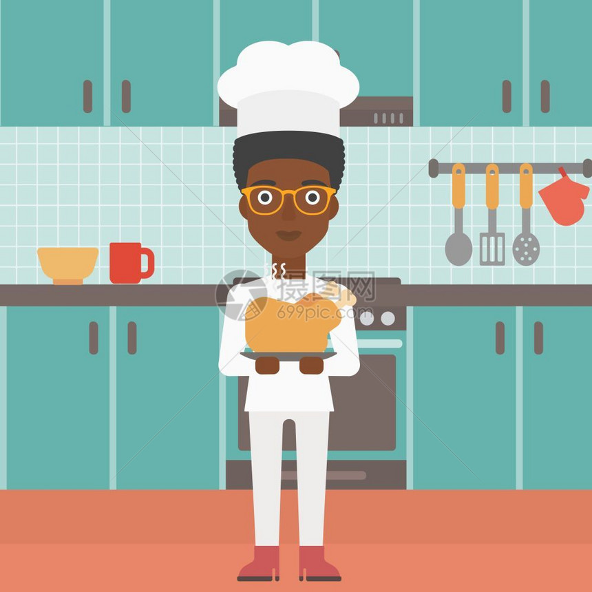 黑人厨师在厨房里端着火鸡腿矢量卡通插画图片