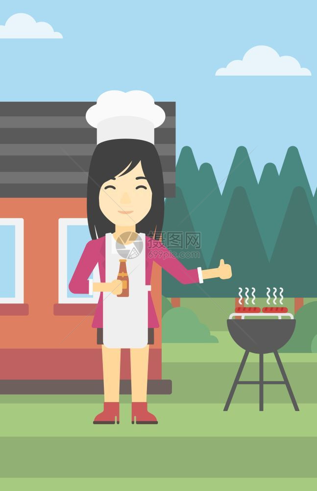 在后院烤架旁做烤肉的女人矢量插画图片