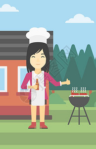 在后院烤架旁做烤肉的女人矢量插画图片