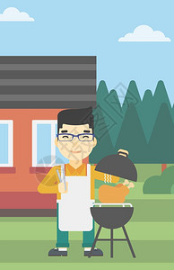 烧烤架上做烤鸡的男人矢量插画图片