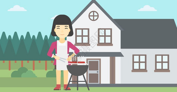 一位在后院烧烤架上做烤肉的女人背景图片