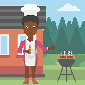 烧烤架上做烤肉的非裔女人图片