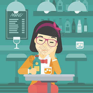 一位坐在酒吧里悲伤的女性矢量卡通插画图片