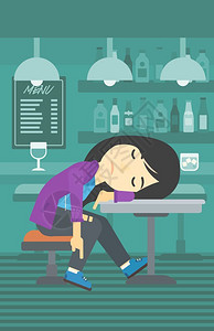 瘾君子睡在酒吧里的醉酒妇女矢量插画设计图片