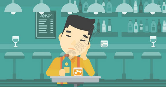 酒吧饮料一位坐在酒吧喝酒的悲伤男子插画