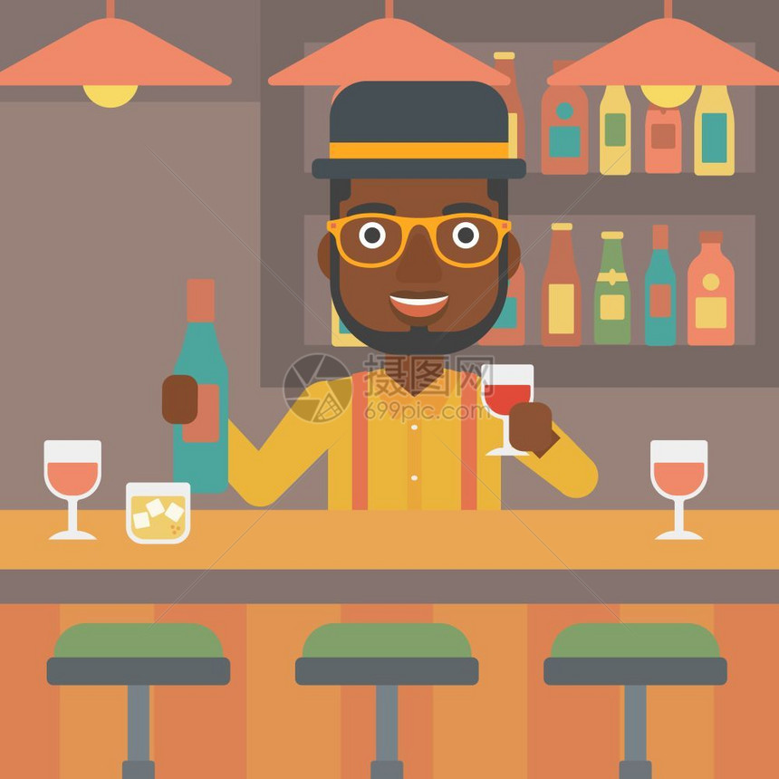 黑人调酒师在酒吧调酒矢量卡通插画图片