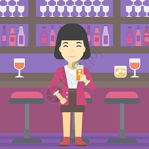 不含酒精在酒吧喝鸡尾酒的女人插画