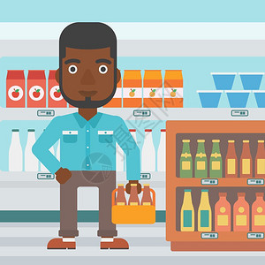 啤酒柜在超市购买啤酒饮料的非裔男人插画