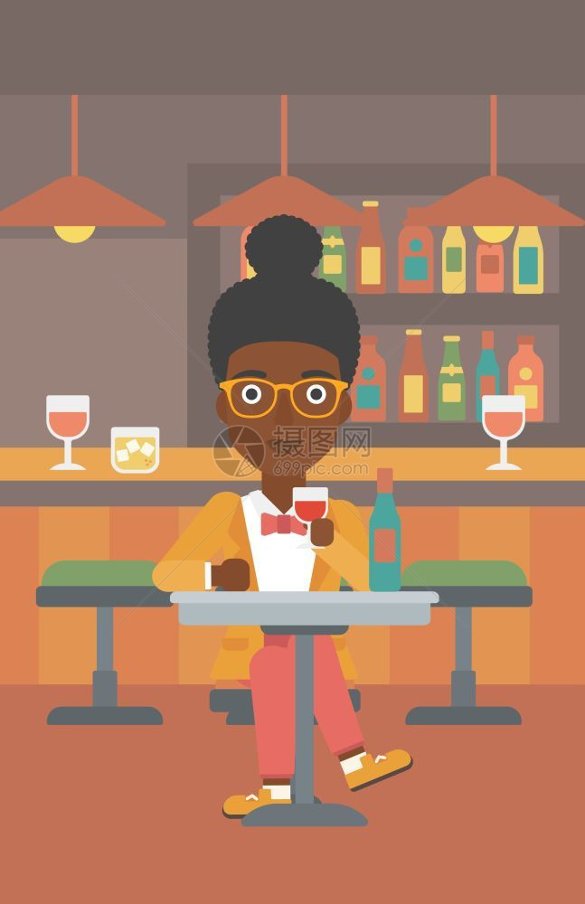 在酒吧喝酒的女子矢量插画图片
