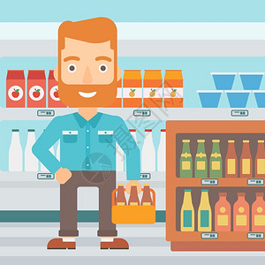 酒精上瘾一个长着胡子在超市购买啤酒饮料的男子插画
