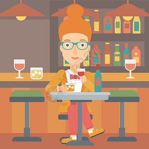 酒吧凳坐在酒吧里喝着葡萄酒的女人插画