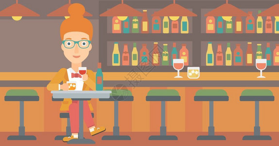脱气一位坐在酒吧里喝着葡萄酒的女人插画