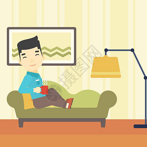 安热沙坐在客厅沙发上喝着热茶的年轻人插画