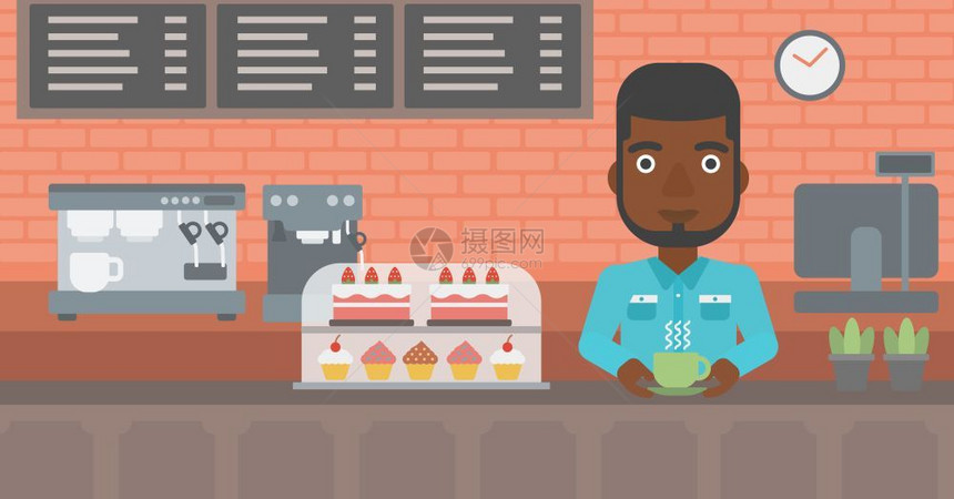 一位非美男子站在柜台上面包店背景上喝咖啡图片