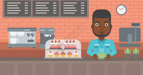 咖啡柜台一位非美男子站在柜台上面包店背景上喝咖啡插画