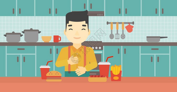 苏打平的在厨房吃快餐的男性插画