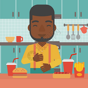厨房里火站在厨房里吃垃圾食品的非裔男子插画