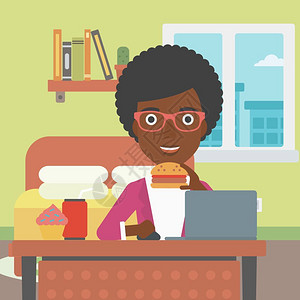 工作速度在卧室吃垃圾食品的非裔女子插画
