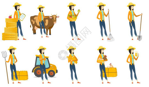 卡通农业工人一群年轻的微笑着农夫戴帽一套矢量设计插图插画