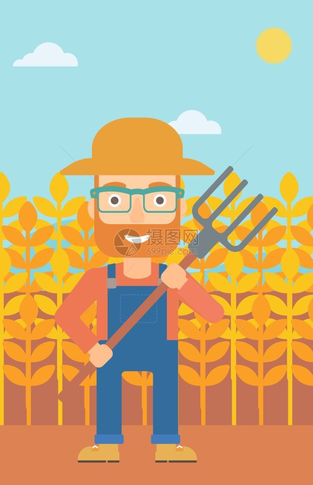 张大胡子手持草叉站在小麦田里的农民图片