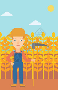 手持镰刀站在小麦田里的女性农民矢量插画图片