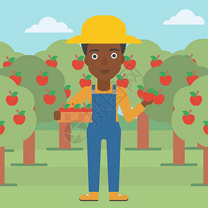 果篮设计素材在果园抱着果篮采摘水果的非裔女性农民插画