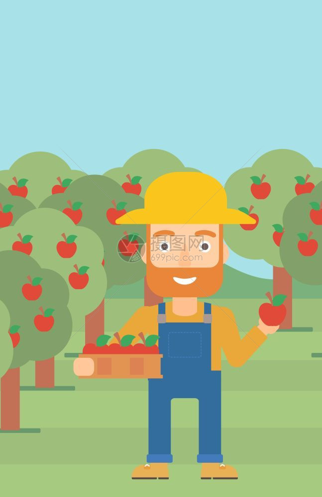 一个长胡子的在果园采摘水果的农民图片