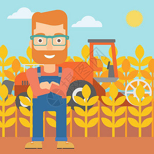 卡通农业工人站在麦田里联合收割机旁的农民插画