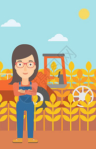 站在麦田里联合收割机旁的女性农民矢量插画图片