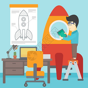 男人坐在梯子上办公室里研发火箭的年轻人插画