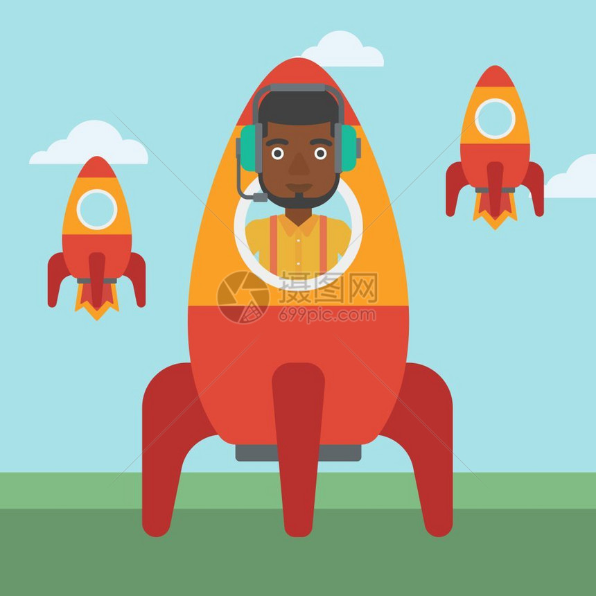 黑人男性乘坐火箭卡通矢量插画图片