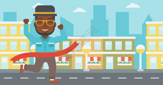 马拉松卡通一名非裔商人跨越终点线商业成功概念设计图片