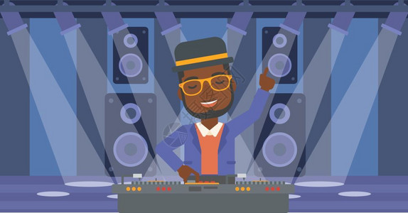 甲板手一名在夜总会表演的非裔DJ插画