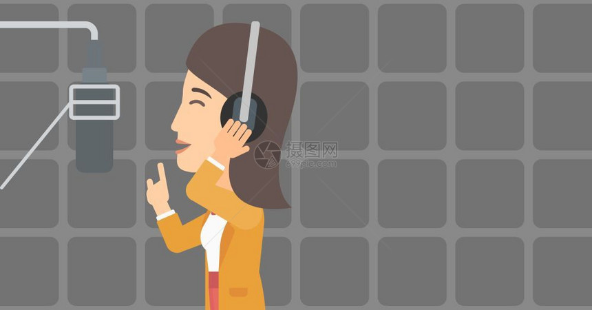 一位戴耳机的女性在演播室卡通矢量插画图片