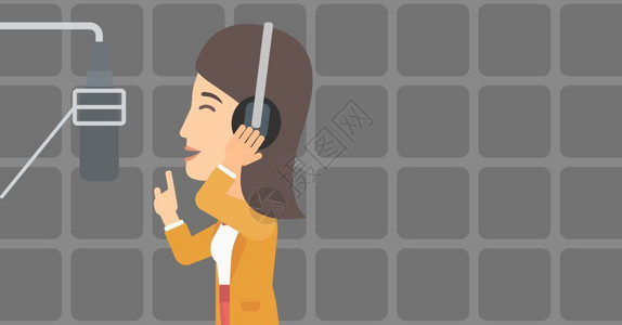 一位戴耳机的女性在演播室卡通矢量插画背景图片
