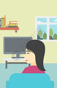 坐在客厅看电视坐在客厅沙发上看电视的女人矢量插画插画