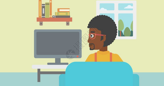 男人看电视坐在客厅沙发上看电视的非裔男子插画
