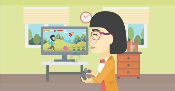 电子娱乐在客厅里拿着手柄玩游戏的女人插画