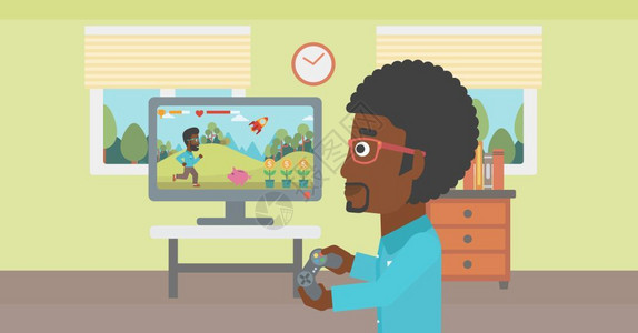 一个在客厅里拿着手柄玩游戏的非裔男人图片
