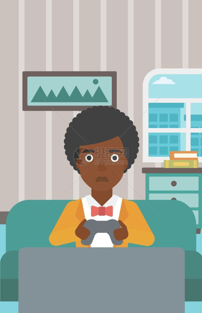 坐在沙发上玩游戏的非裔女子矢量图图片