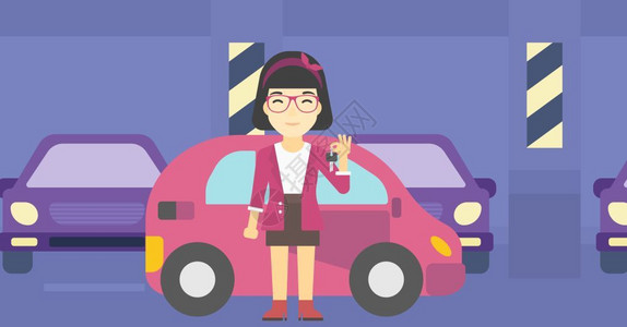 汽车租赁设计一位持新车钥匙的亚裔女插画