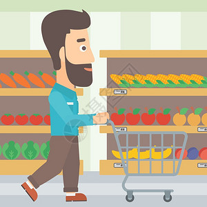 蔬菜杂货店在超市内购物的男青年插画