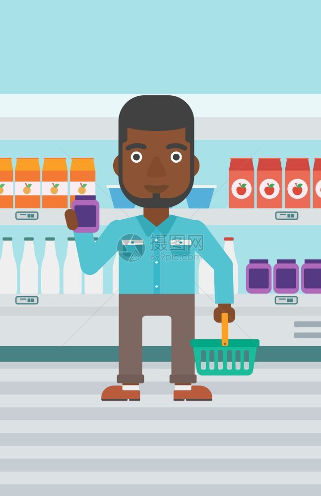 在超市购买果汁的非裔男子矢量图图片
